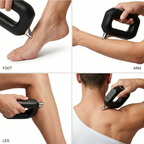 Black handheld device being used on various body parts including foot, arm, and leg.