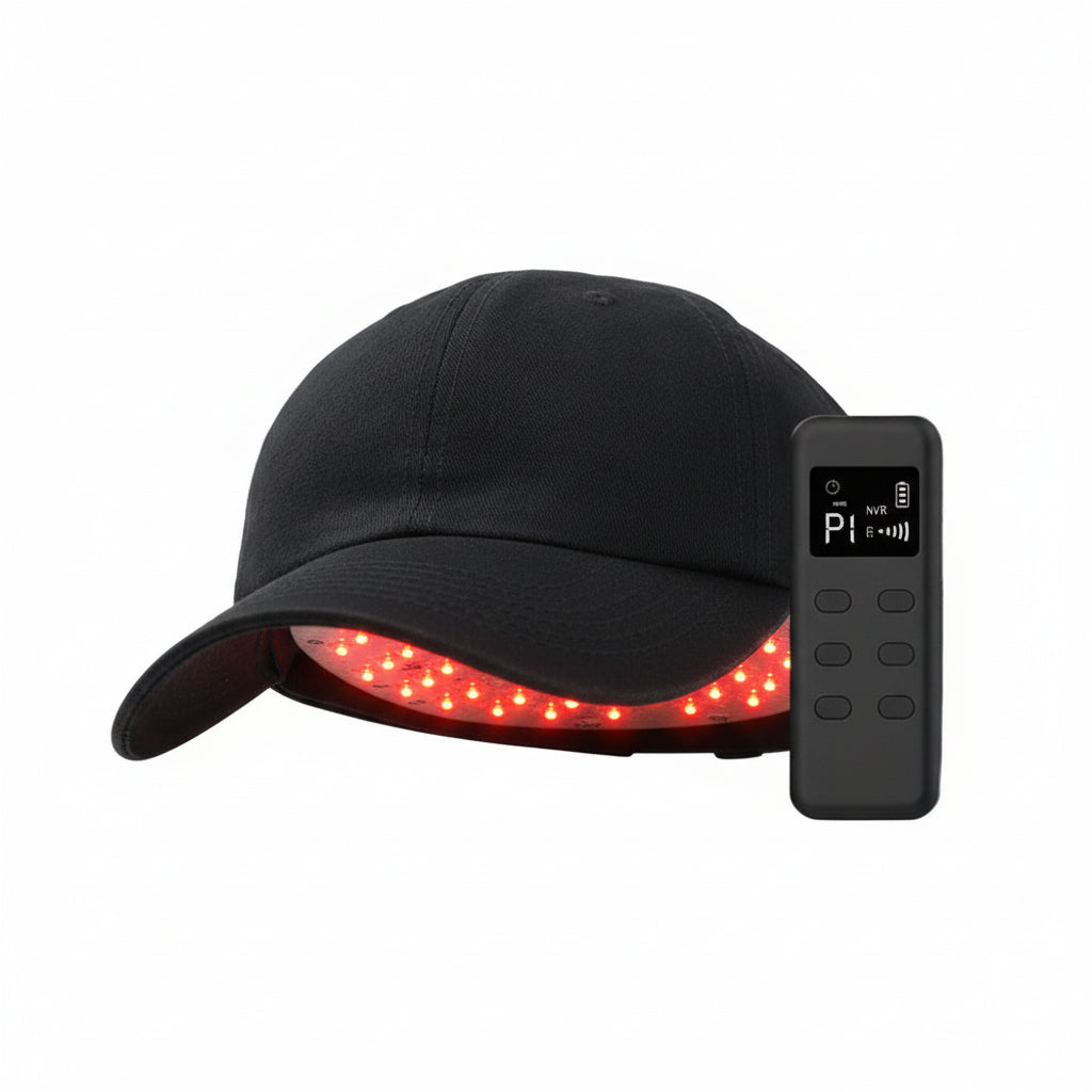 Black cap with a small electronic device attached on a white background