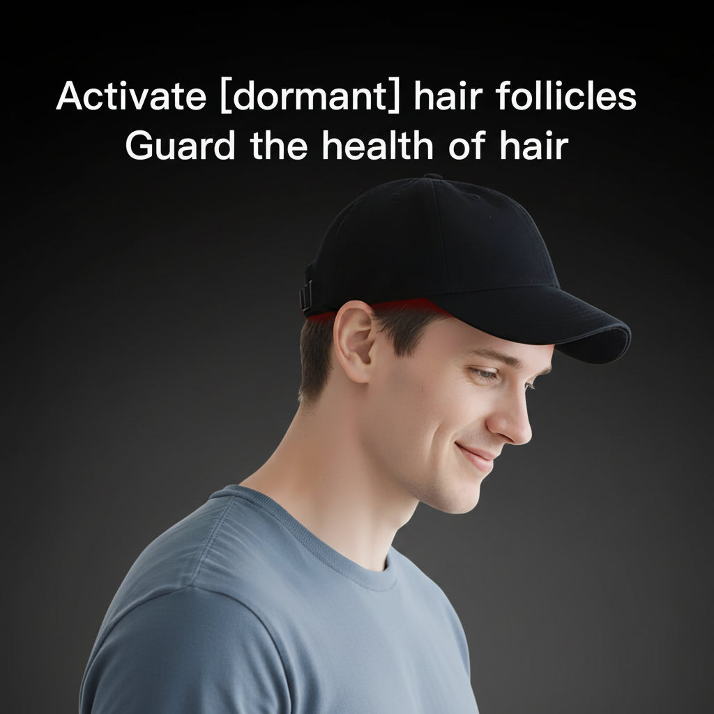 Man wearing a black cap with text about activating dormant hair follicles on a dark background