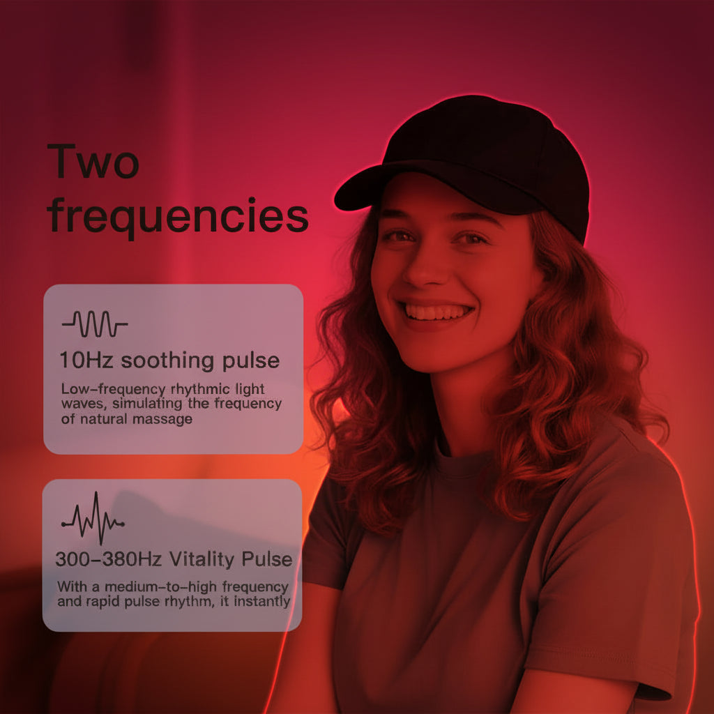 Woman wearing a black cap with text about two frequencies on a light background