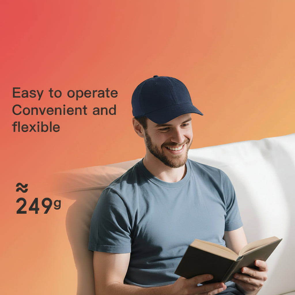 Man reading a book on a couch with promotional text about ease of operation, convenience, and flexibility.