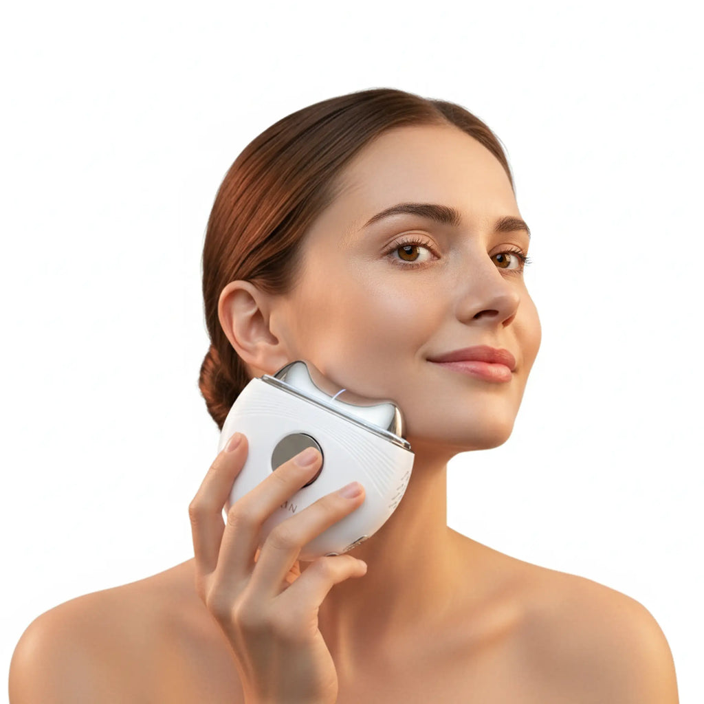 Woman using a white facial device on her face against a white background