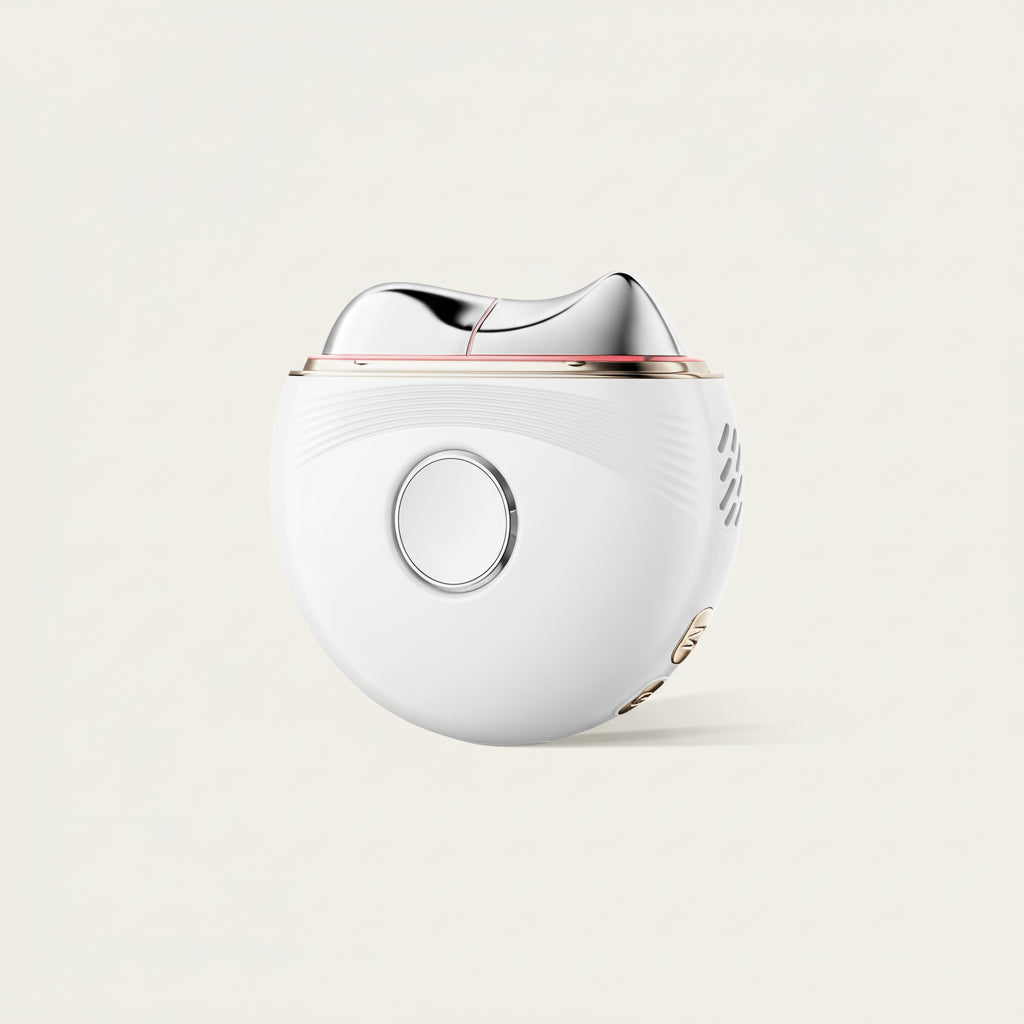 White and silver electronic device on a light beige background