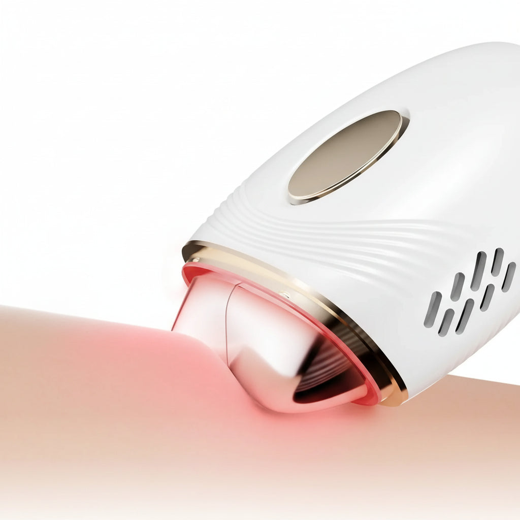 White and gold device emitting red light onto a skin surface on a white background
