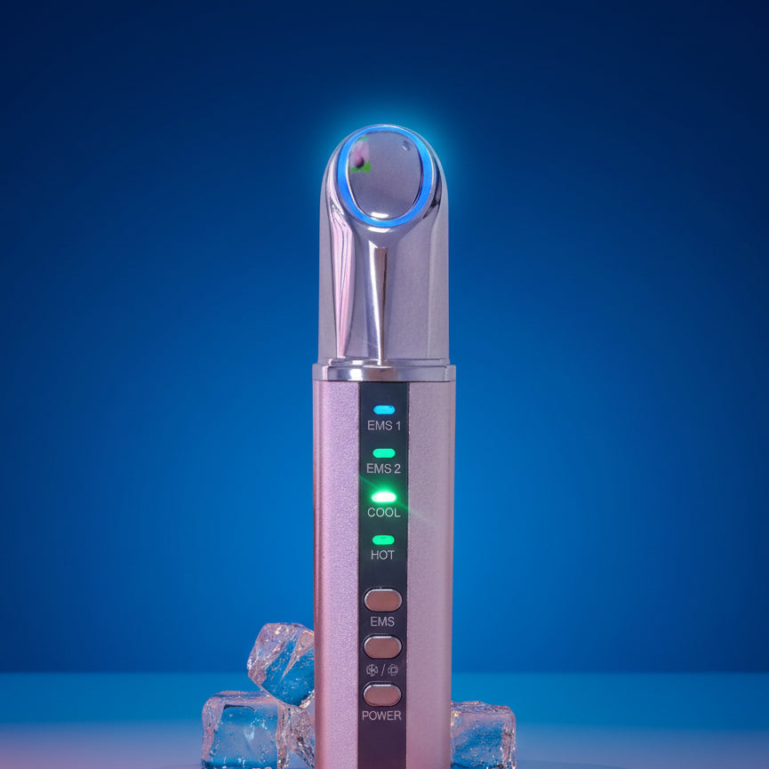 Pink electronic device with cooling functions on a blue background