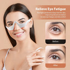 Woman wearing a red light eye mask with before and after effects on her eyes.