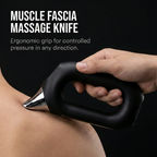 Hand using a muscle fascia massage knife on a black background with text about its features.