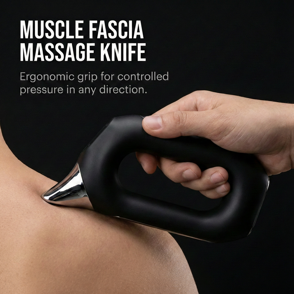 Hand using a muscle fascia massage knife on a black background with text about its features.