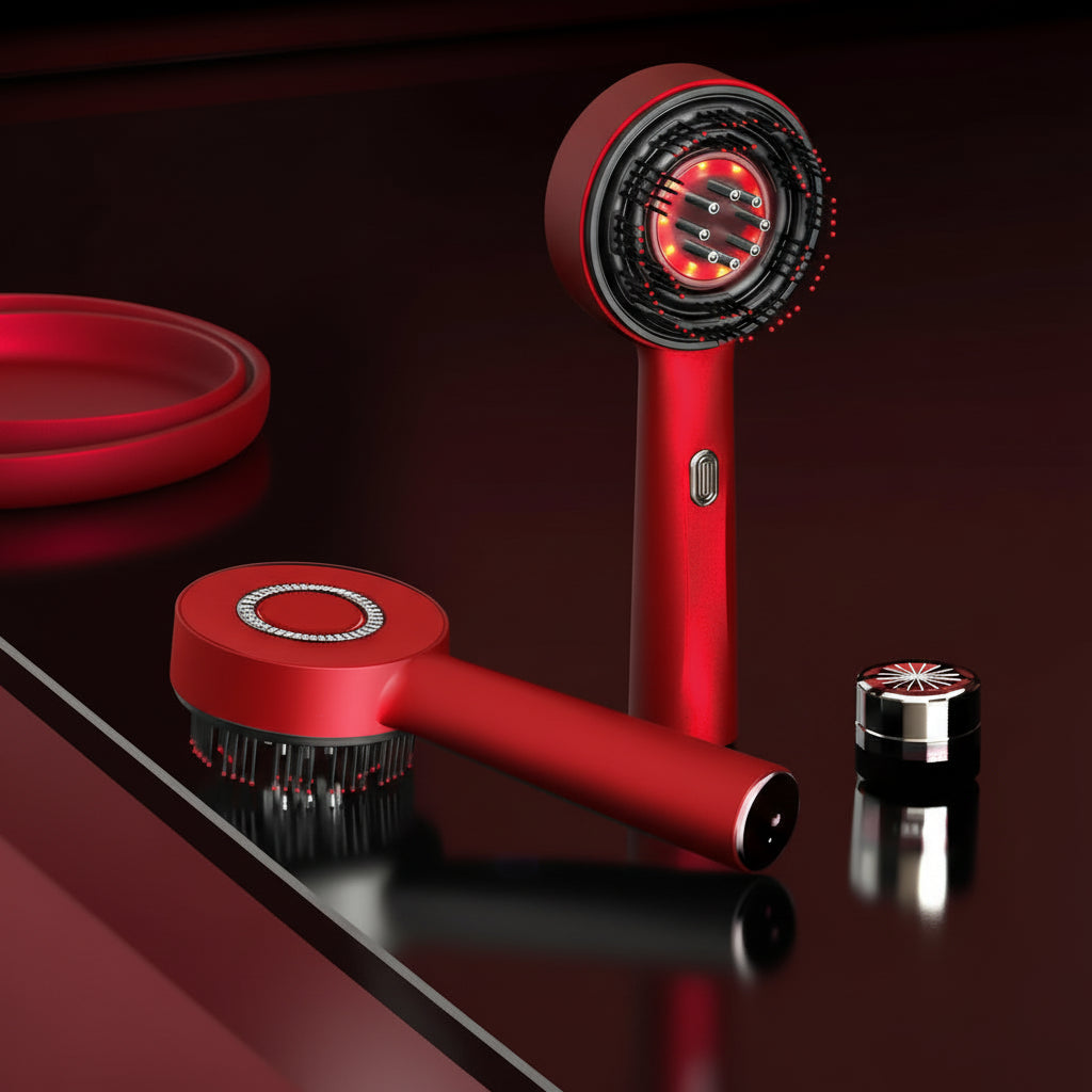 Red multi-functional massage comb with text on a dark background