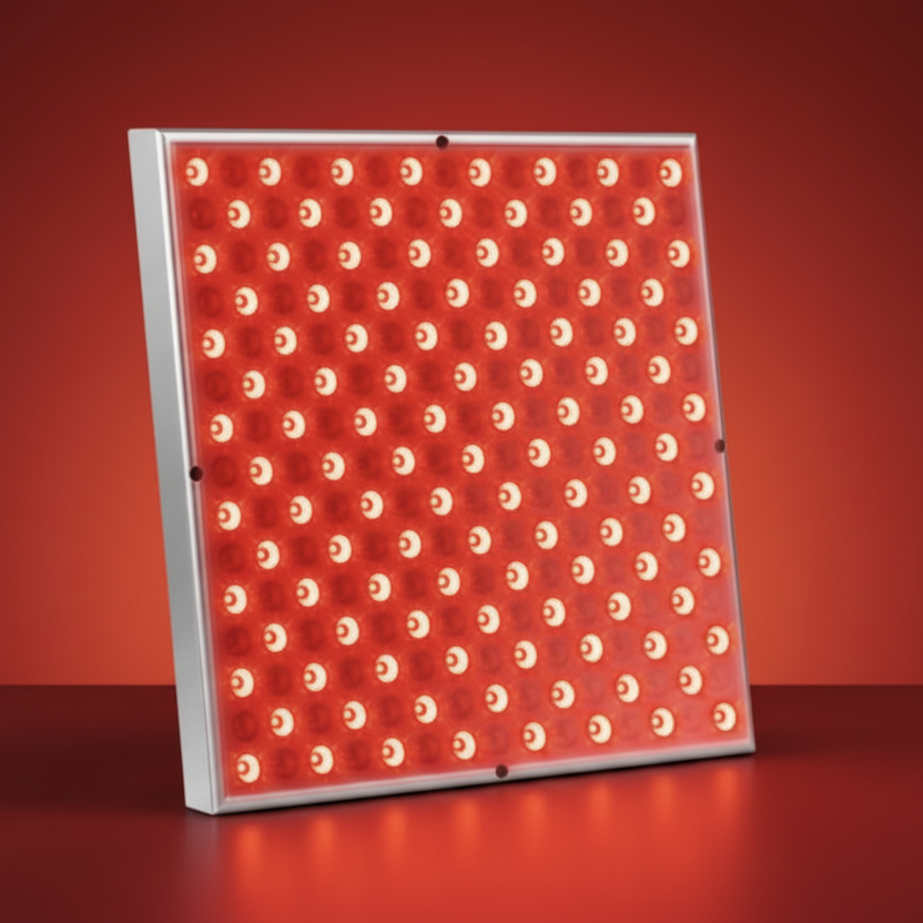 LED panel light with red and white pattern on a red background