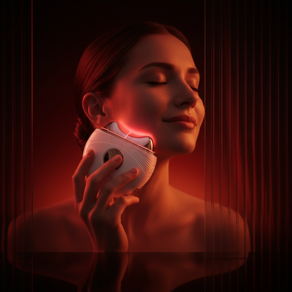 Woman using a red light device on her face with a dark background